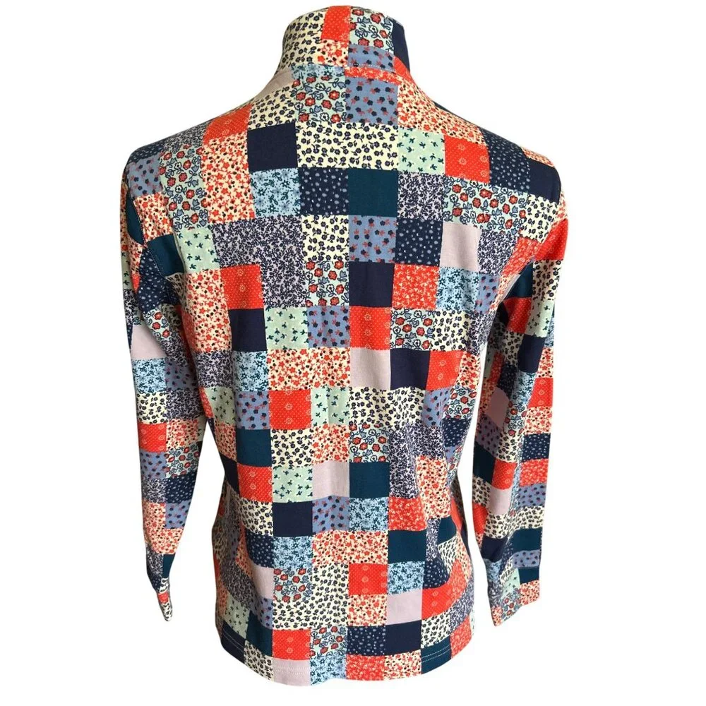 Lands End Womens Patchwork Print Mock Neck 100% Cotton Top Size Small